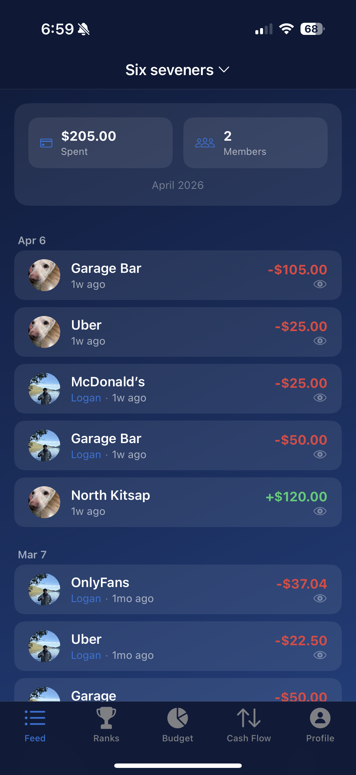 PocketWatcher group feed showing real-time transactions from friends